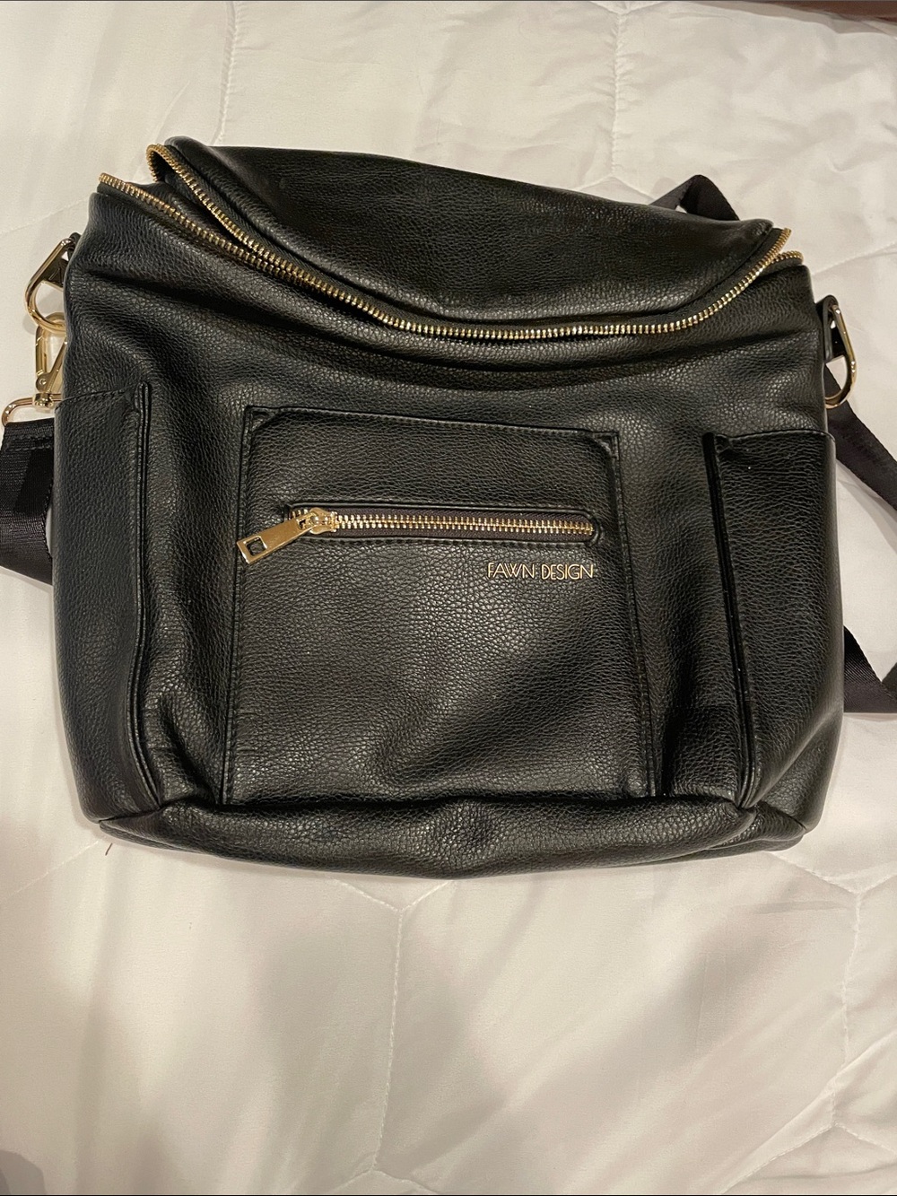Fawn Design Black Leather Shoulder Crossbody with Gold Accents